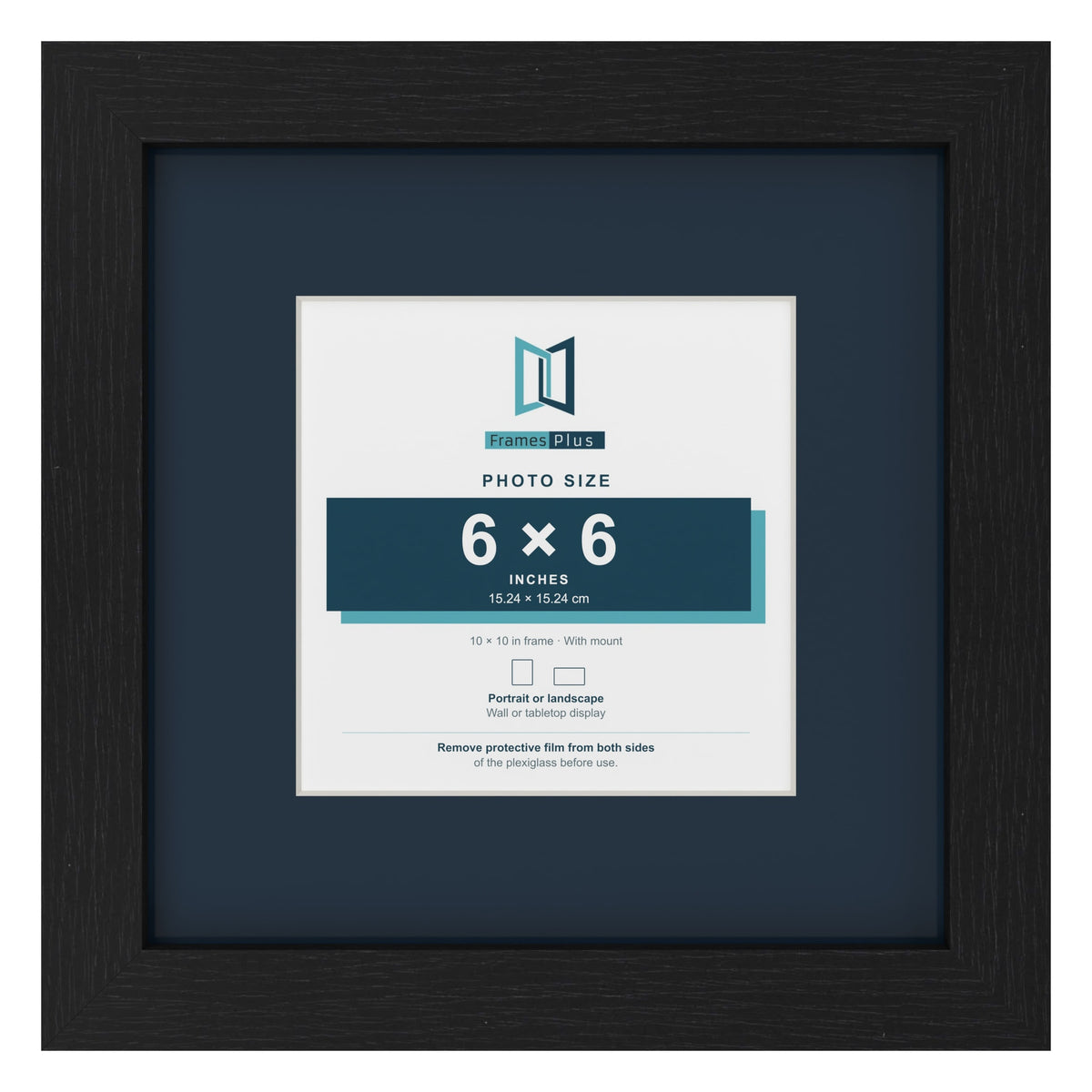 Black 10 x 10 inch picture frame with a Pacific Blue mount for a 6 x 6 inch photo