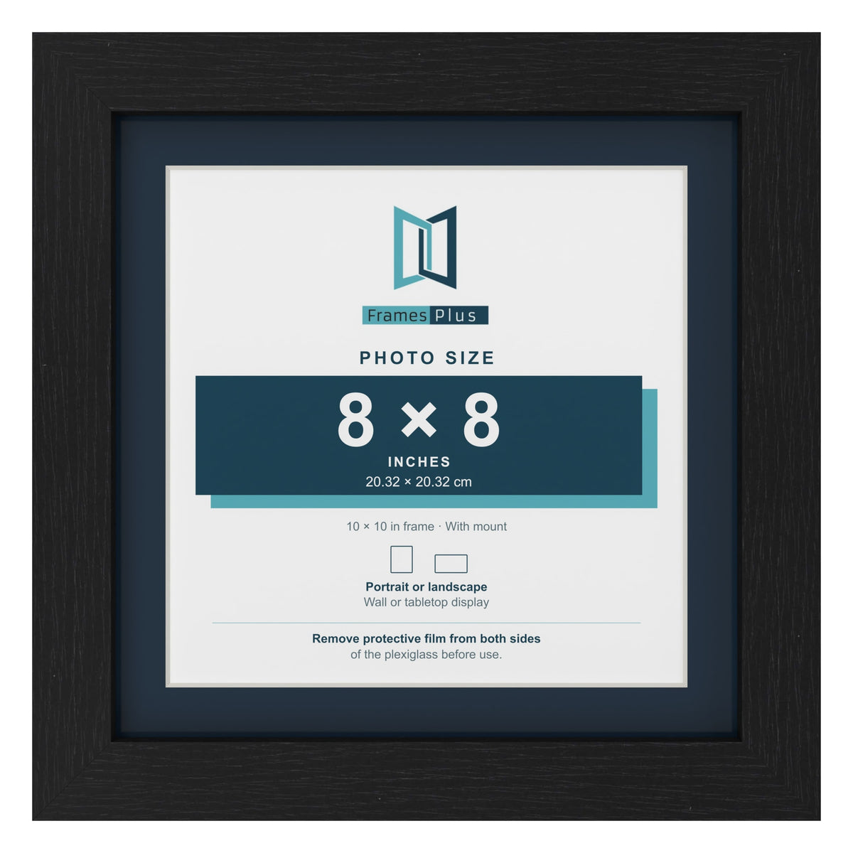 Black 10 x 10 inch picture frame with a Pacific Blue mount for an 8 x 8 inch photo