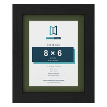 Black 10 x 8 inch picture frame with a green mount for an 8 x 6 inch photo