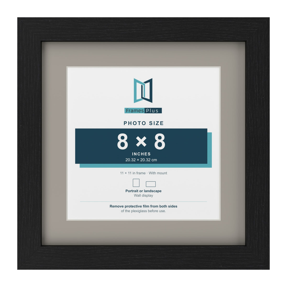 Black 11 x 11 inch picture frame with a Dawn Grey mount for an 8 x 8 inch photo