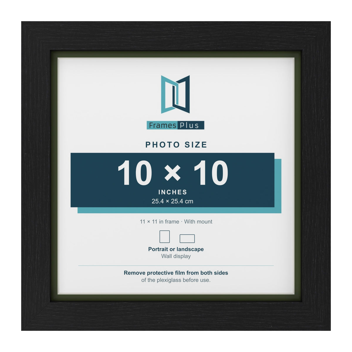 Black 11 x 11 inch picture frame with a green mount for a 10 x 10 inch photo