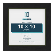 Black 11 x 11 inch picture frame with a green mount for a 10 x 10 inch photo