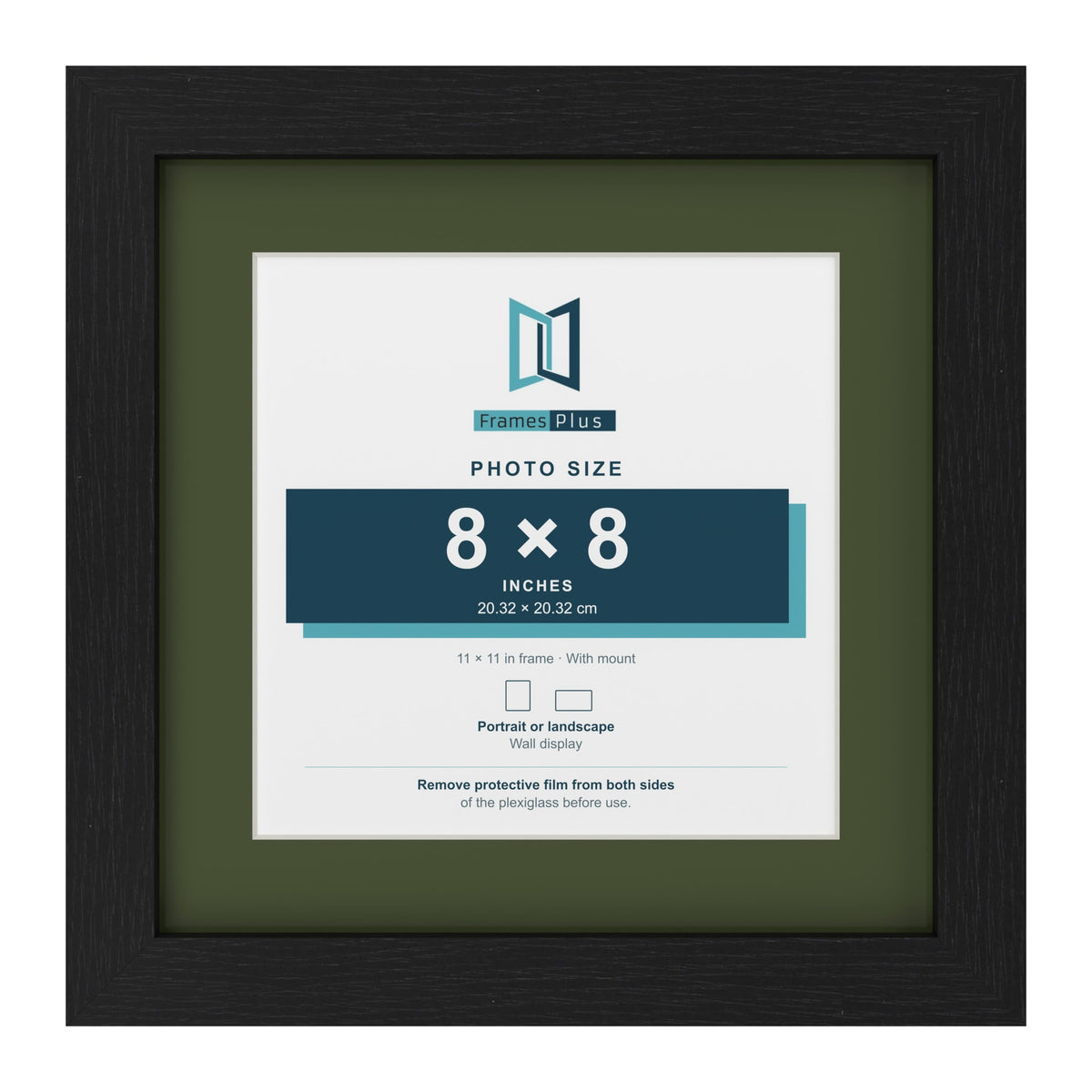 Black 11 x 11 inch picture frame with a green mount for an 8 x 8 inch photo