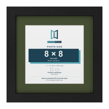 Black 11 x 11 inch picture frame with a green mount for an 8 x 8 inch photo