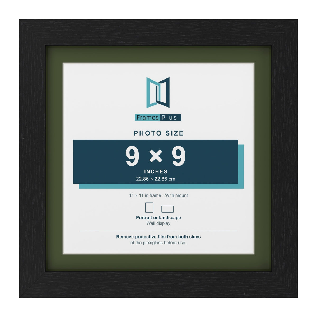 Black 11 x 11 inch picture frame with a green mount for a 9 x 9 inch photo
