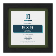 Black 11 x 11 inch picture frame with a green mount for a 9 x 9 inch photo