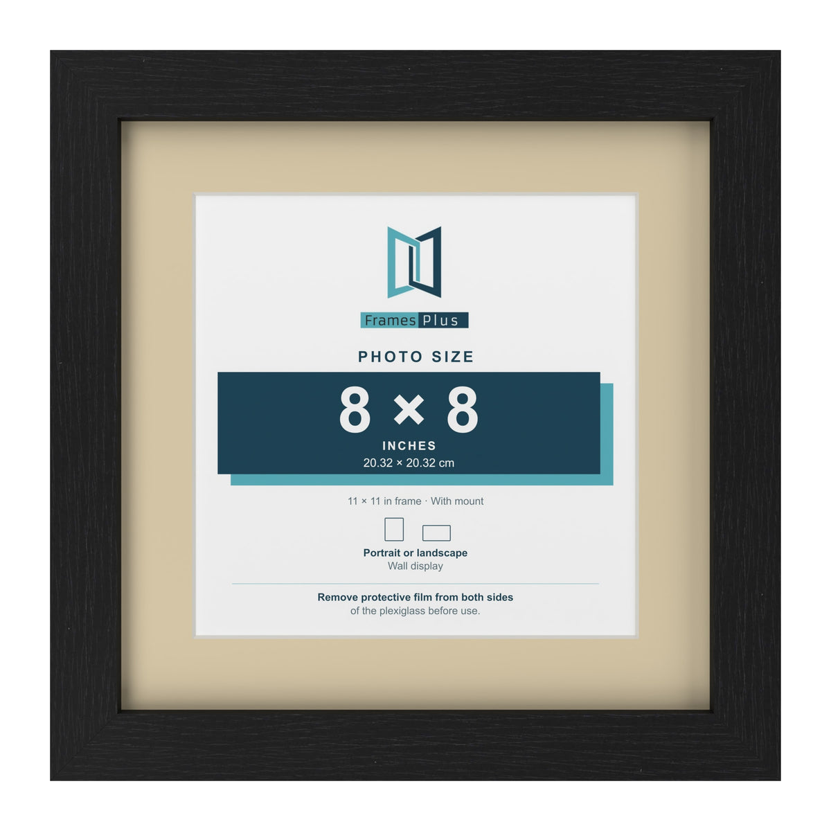 Black 11 x 11 inch picture frame with an ivory mount for an 8 x 8 inch photo