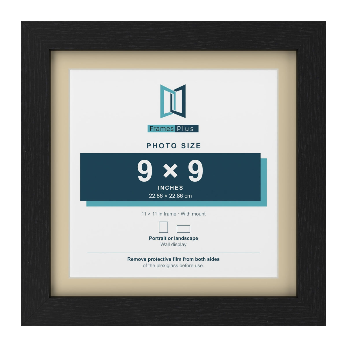 Black 11 x 11 inch picture frame with an ivory mount for a 9 x 9 inch photo
