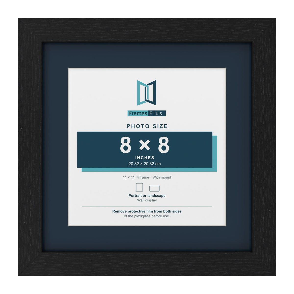 Black 11 x 11 inch picture frame with a Pacific Blue mount for an 8 x 8 inch photo