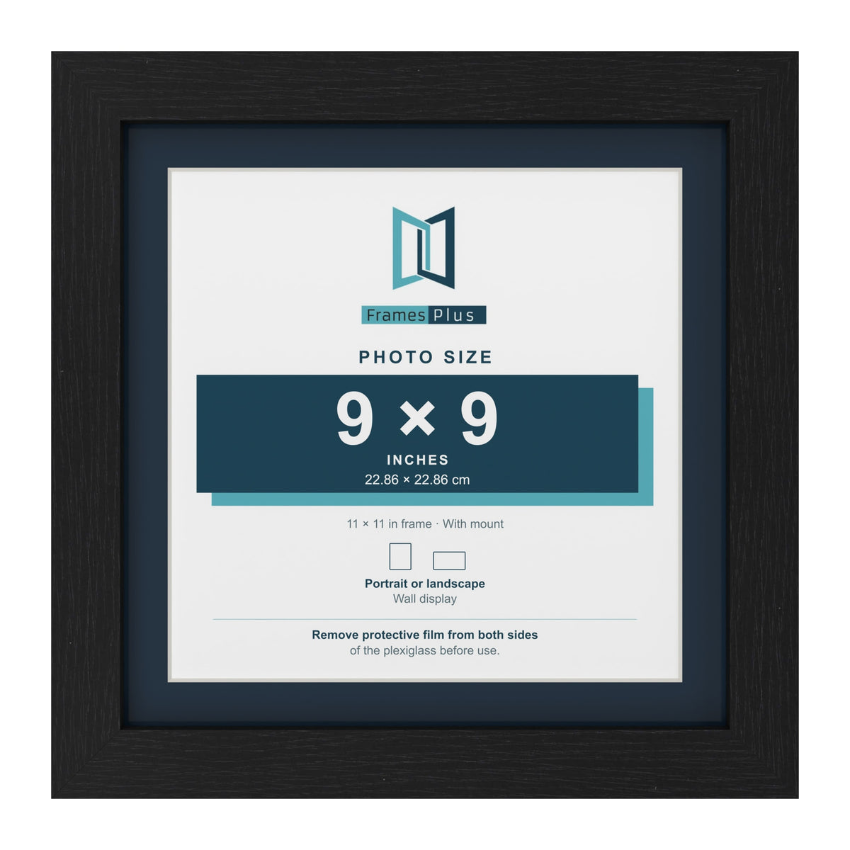 Black 11 x 11 inch picture frame with a Pacific Blue mount for a 9 x 9 inch photo