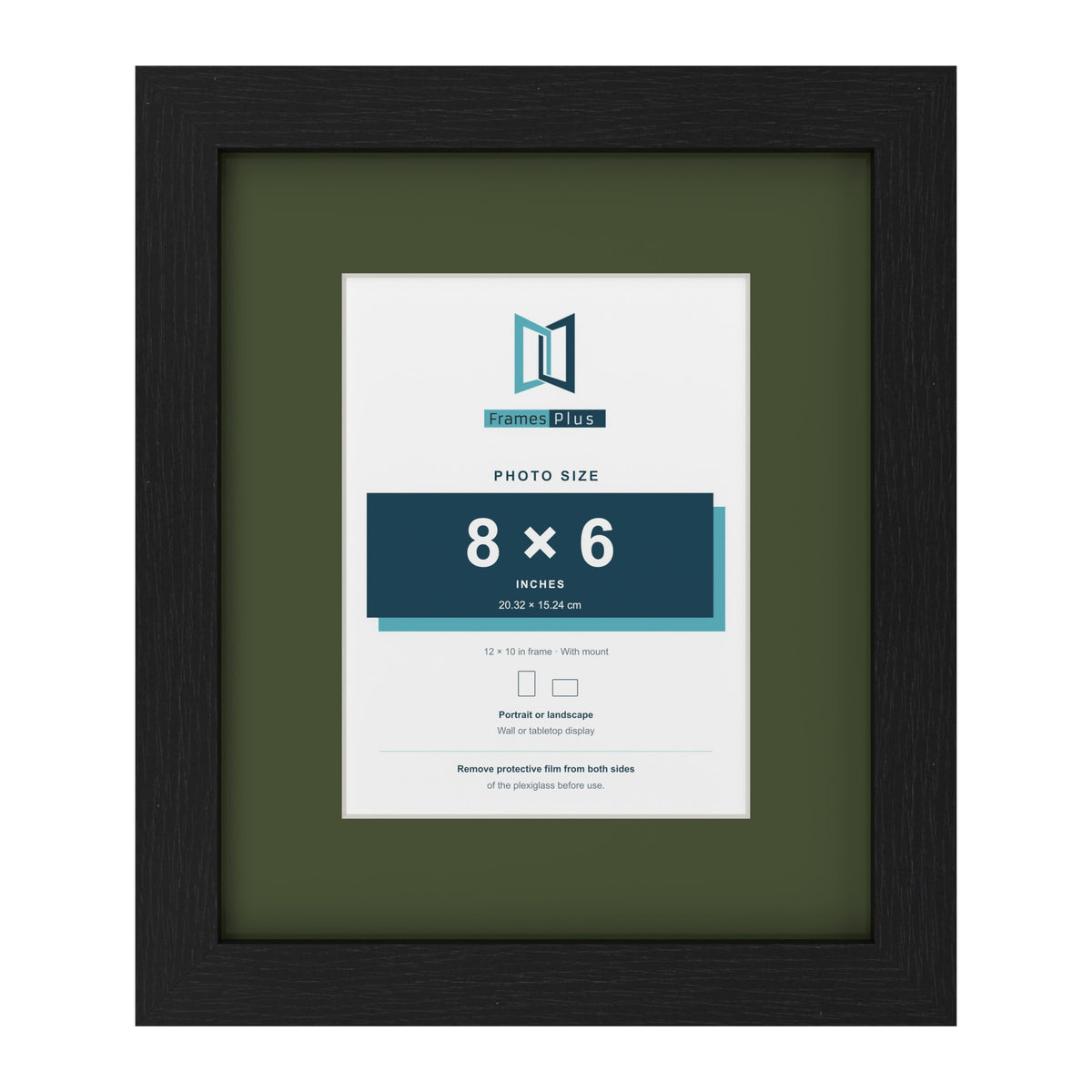 Black 12 x 10 inch picture frame with a green mount for an 8 x 6 inch photo