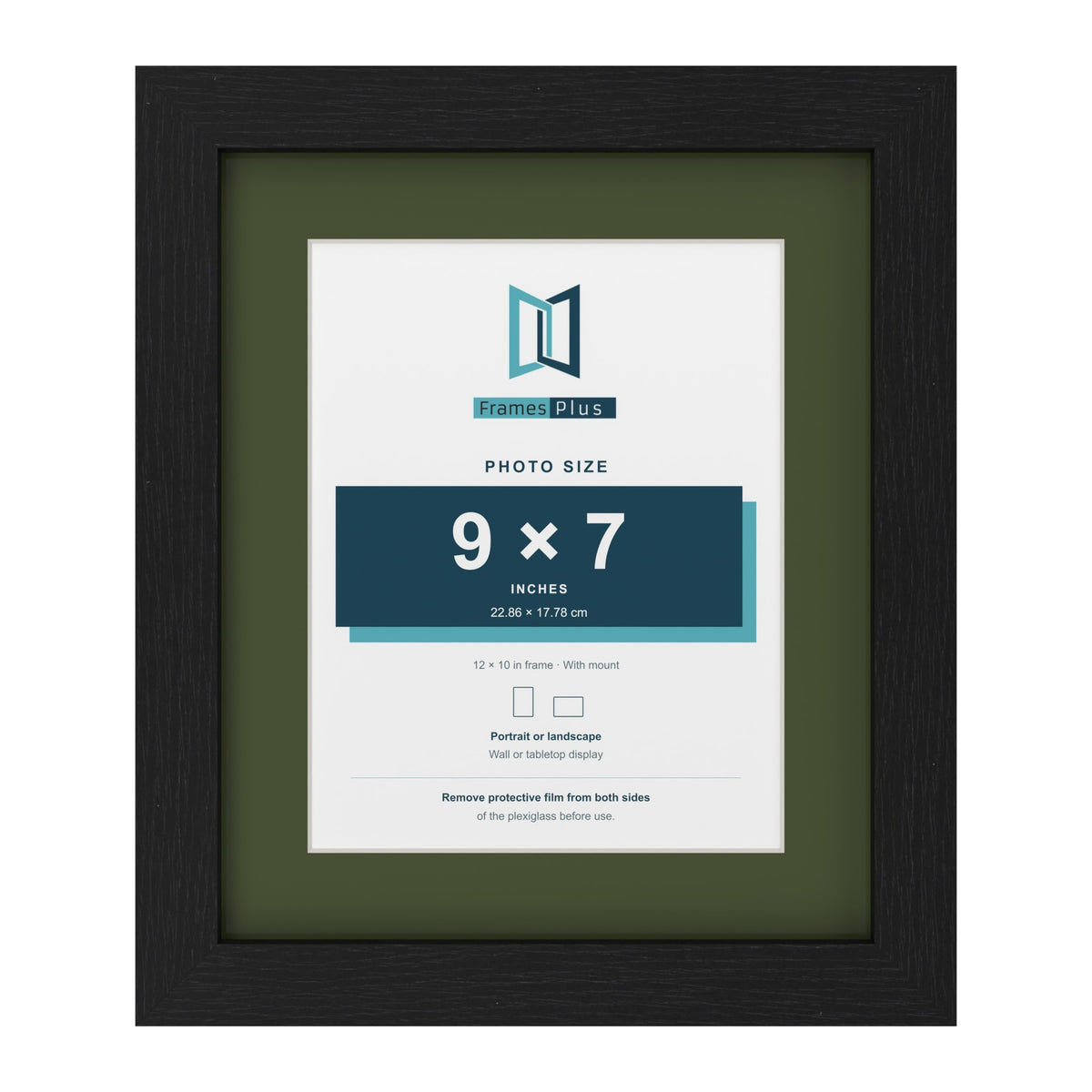 Black 12 x 10 inch picture frame with a green mount for a 9 x 7 inch photo