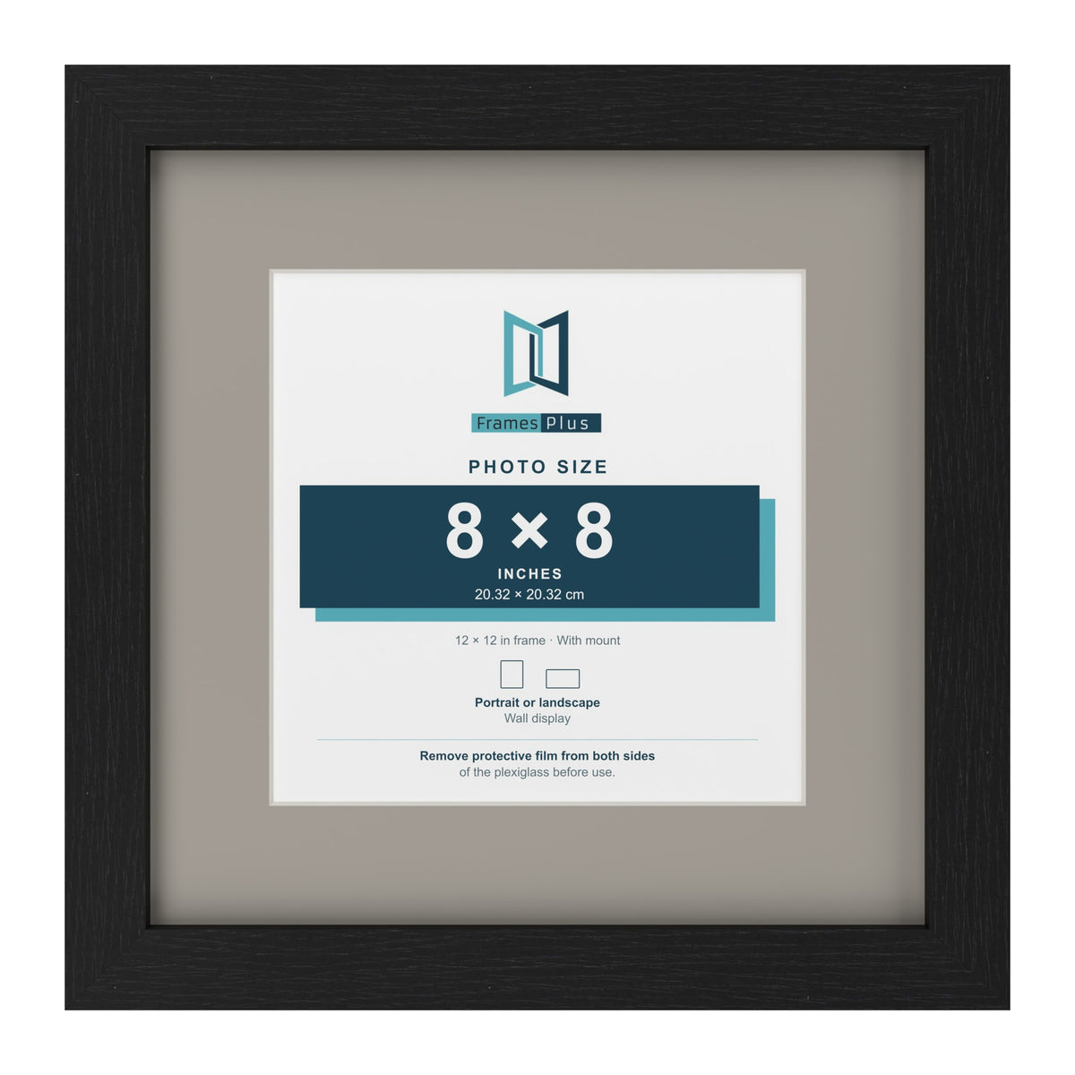 Black 12 x 12 inch picture frame with a Dawn Grey mount for an 8 x 8 inch photo