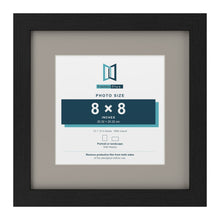 Black 12 x 12 inch picture frame with a Dawn Grey mount for an 8 x 8 inch photo