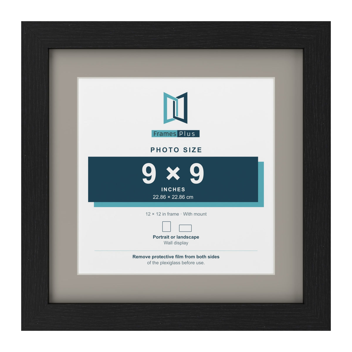 Black 12 x 12 inch picture frame with a Dawn Grey mount for a 9 x 9 inch photo