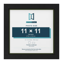 Black 12 x 12 inch picture frame with a green mount for an 11 x 11 inch photo