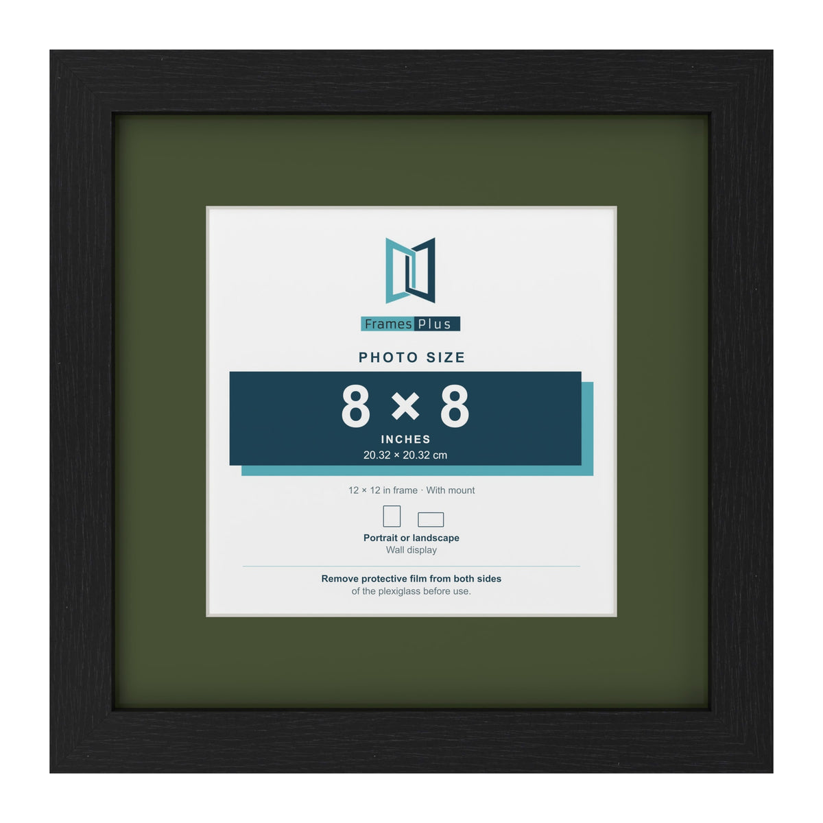Black 12 x 12 inch picture frame with a green mount for an 8 x 8 inch photo