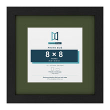 Black 12 x 12 inch picture frame with a green mount for an 8 x 8 inch photo