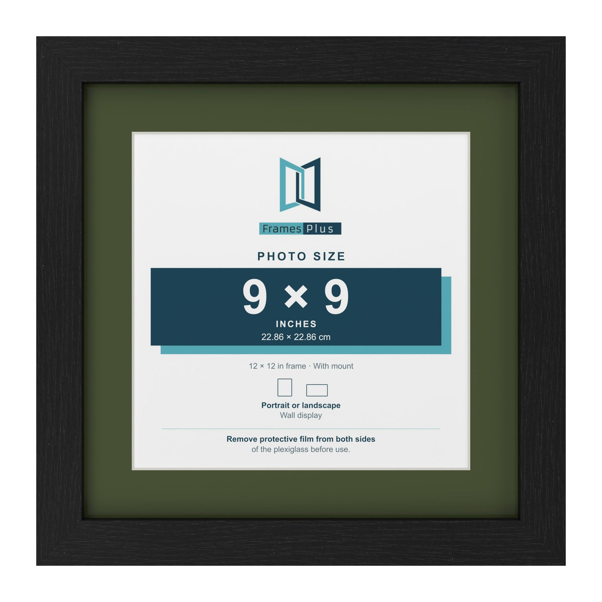 Black 12 x 12 inch picture frame with a green mount for a 9 x 9 inch photo