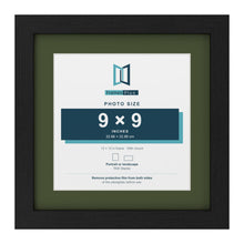 Black 12 x 12 inch picture frame with a green mount for a 9 x 9 inch photo
