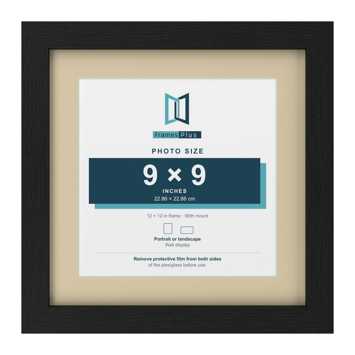 Black 12 x 12 inch picture frame with an ivory mount for a 9 x 9 inch photo