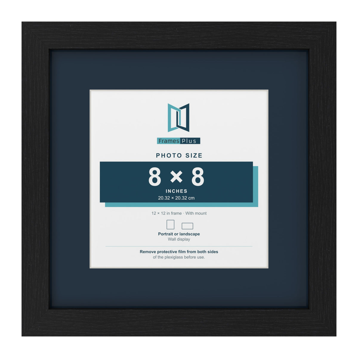 Black 12 x 12 inch picture frame with a Pacific Blue mount for an 8 x 8 inch photo
