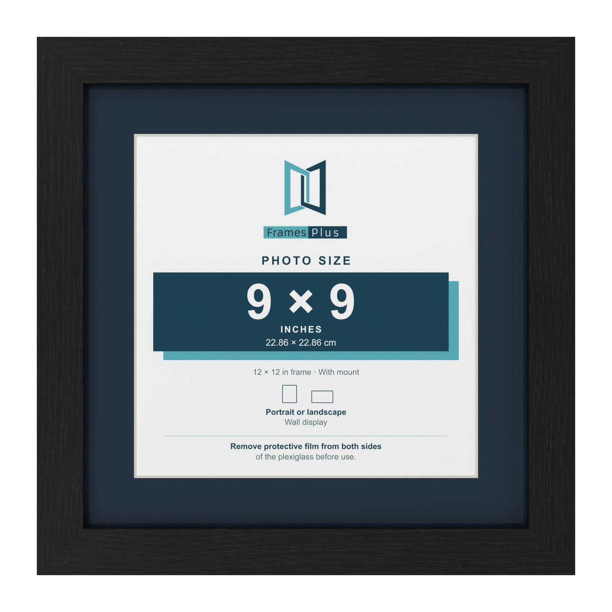 Black 12 x 12 inch picture frame with a Pacific Blue mount for a 9 x 9 inch photo
