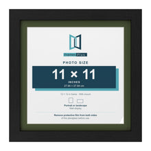 Black 13 x 13 inch picture frame with a green mount for an 11 x 11 inch photo