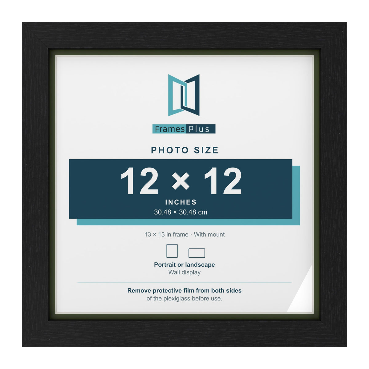 Black 13 x 13 inch picture frame with a green mount for a 12 x 12 inch photo