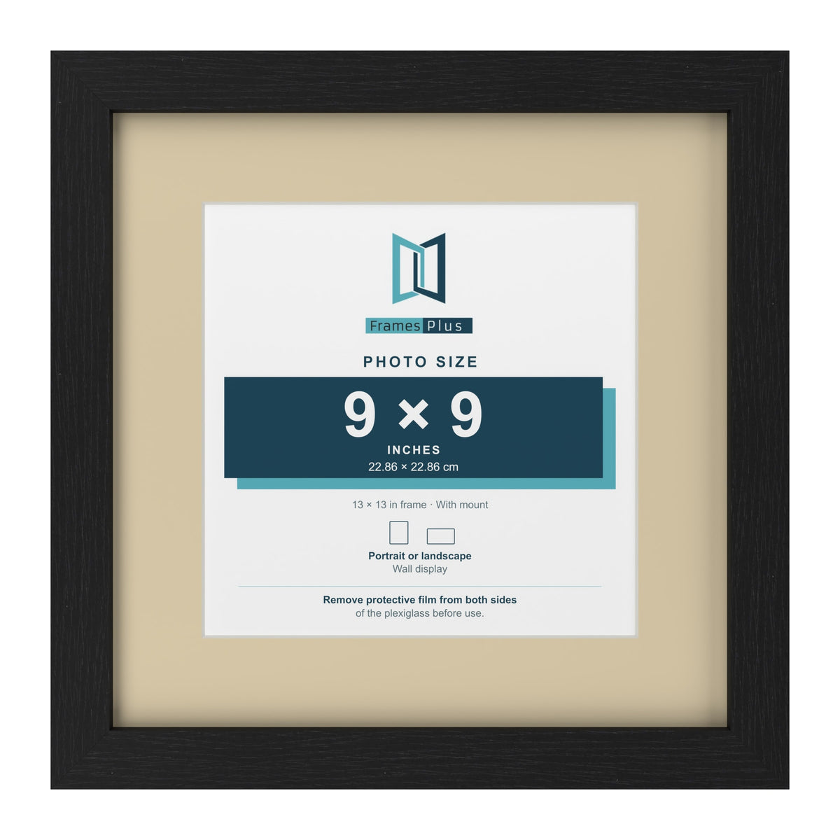 Black 13 x 13 inch picture frame with an ivory mount for a 9 x 9 inch photo