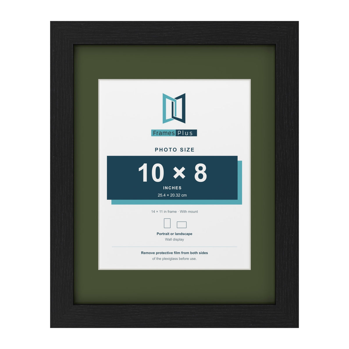 Black 14 x 11 inch picture frame with a green mount for a 10 x 8 inch photo