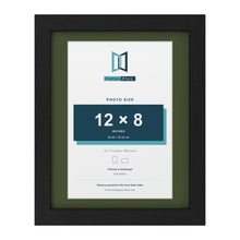 Black 14 x 11 inch picture frame with a green mount for a 12 x 8 inch photo