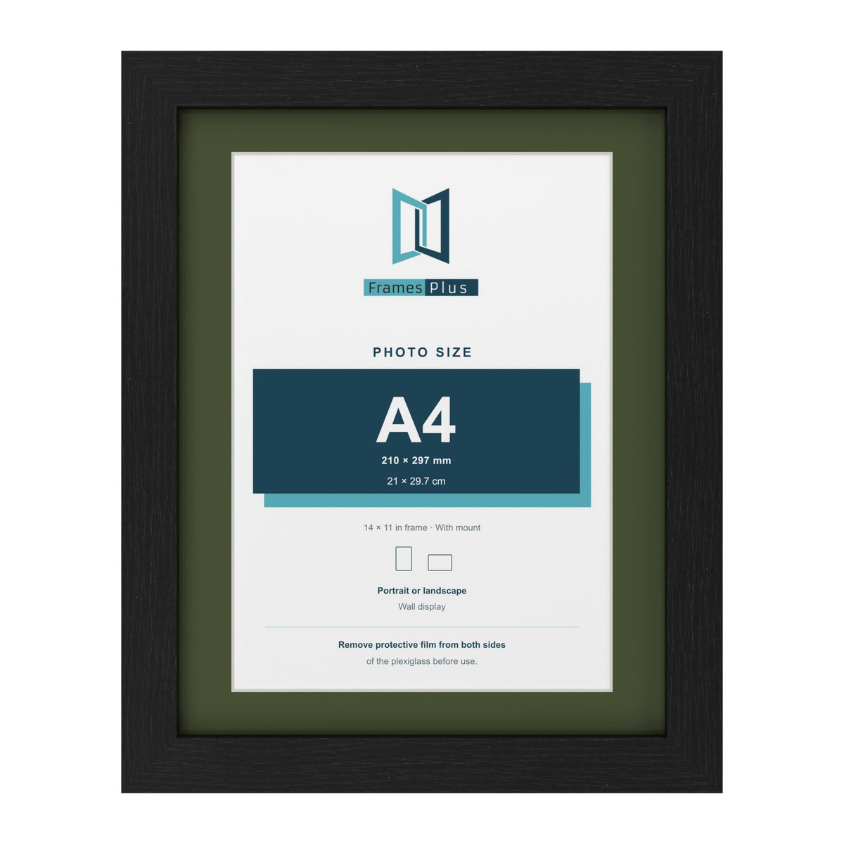 Black 14 x 11 inch picture frame with a green mount for an A4 photo