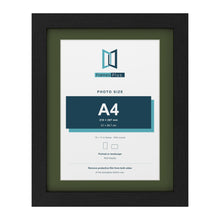 Black 14 x 11 inch picture frame with a green mount for an A4 photo