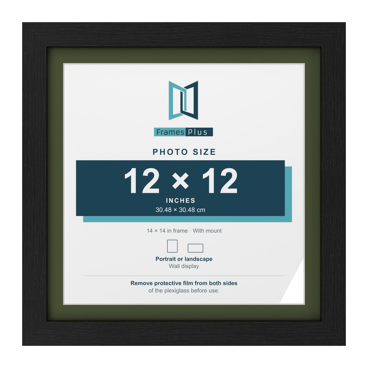 Black 14 x 14 inch picture frame with a green mount for a 12 x 12 inch photo