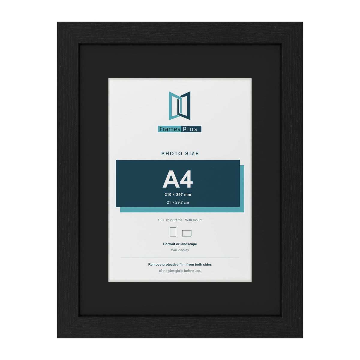 Black 16 x 12 inch picture frame with a black mount for an A4 photo