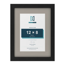 Black 16 x 12 inch picture frame with a Dawn Grey mount for a 12 x 8 inch photo