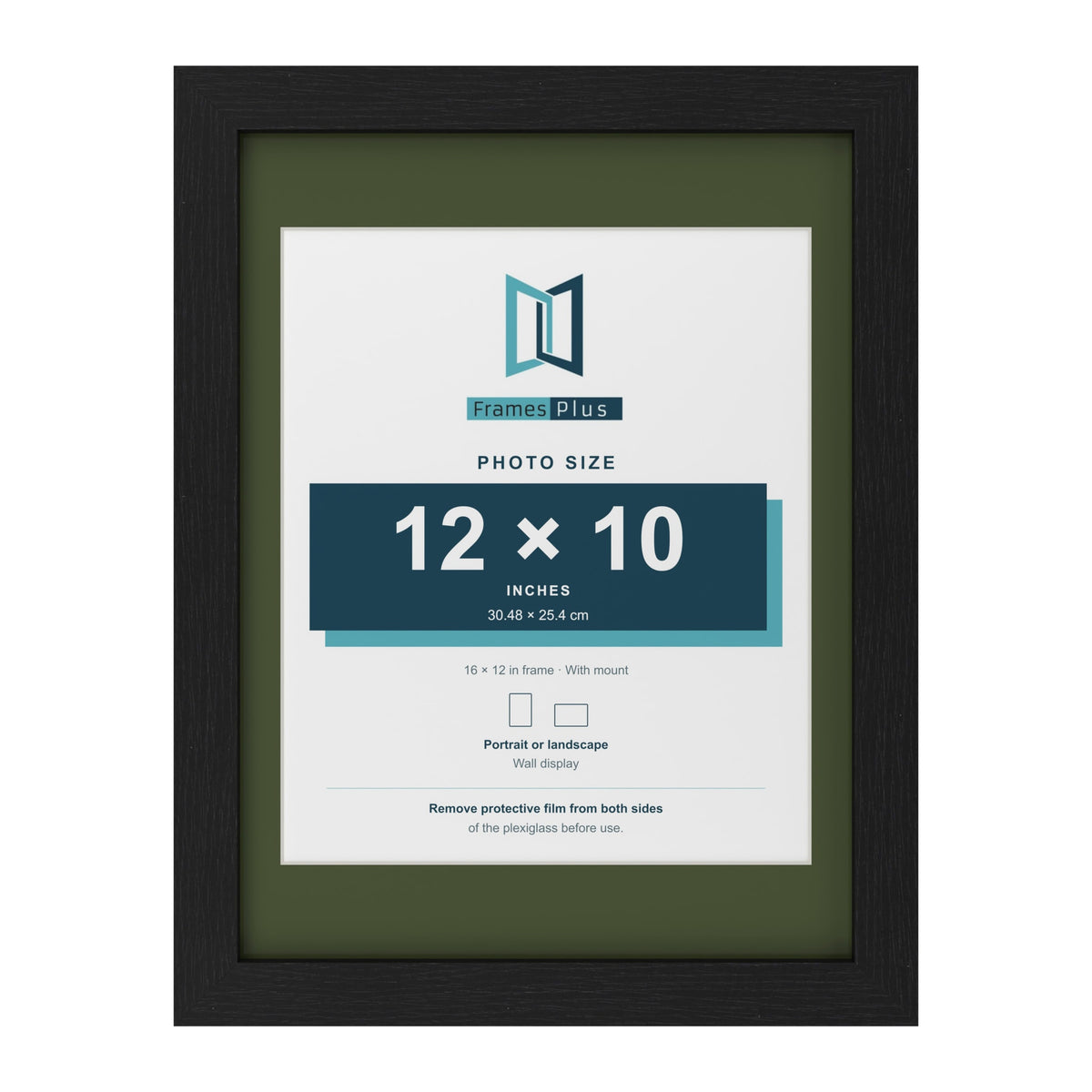 Black 16 x 12 inch picture frame with a green mount for a 12 x 10 inch photo