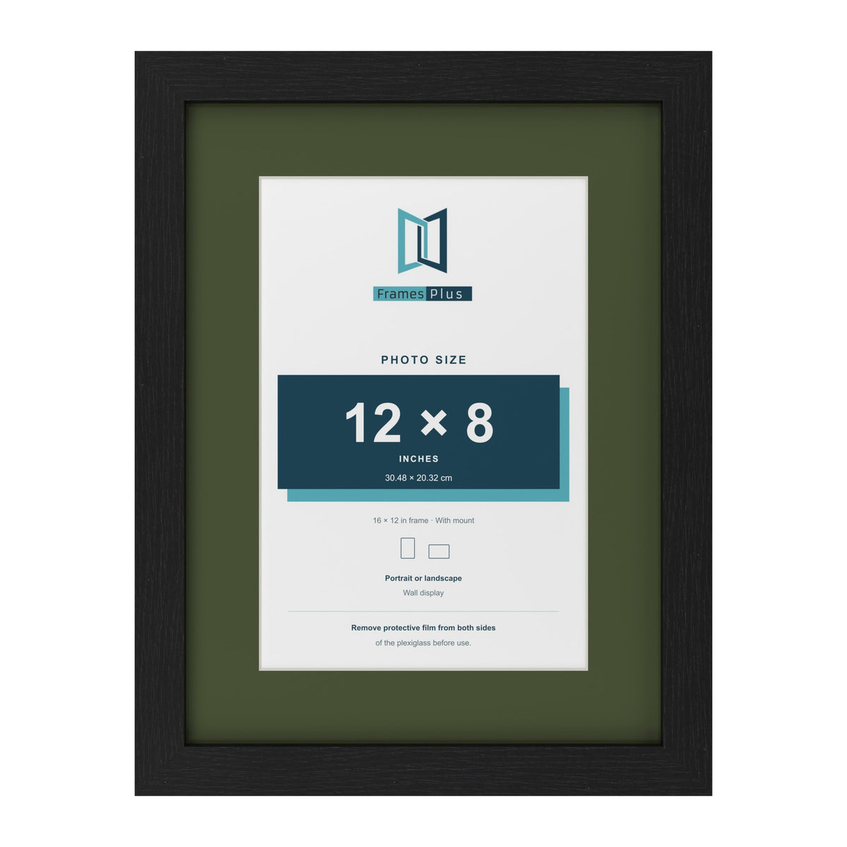 Black 16 x 12 inch picture frame with a green mount for a 12 x 8 inch photo