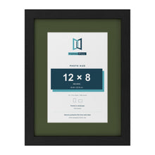 Black 16 x 12 inch picture frame with a green mount for a 12 x 8 inch photo