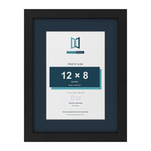 Black 16 x 12 inch picture frame with a Pacific Blue mount for a 12 x 8 inch photo