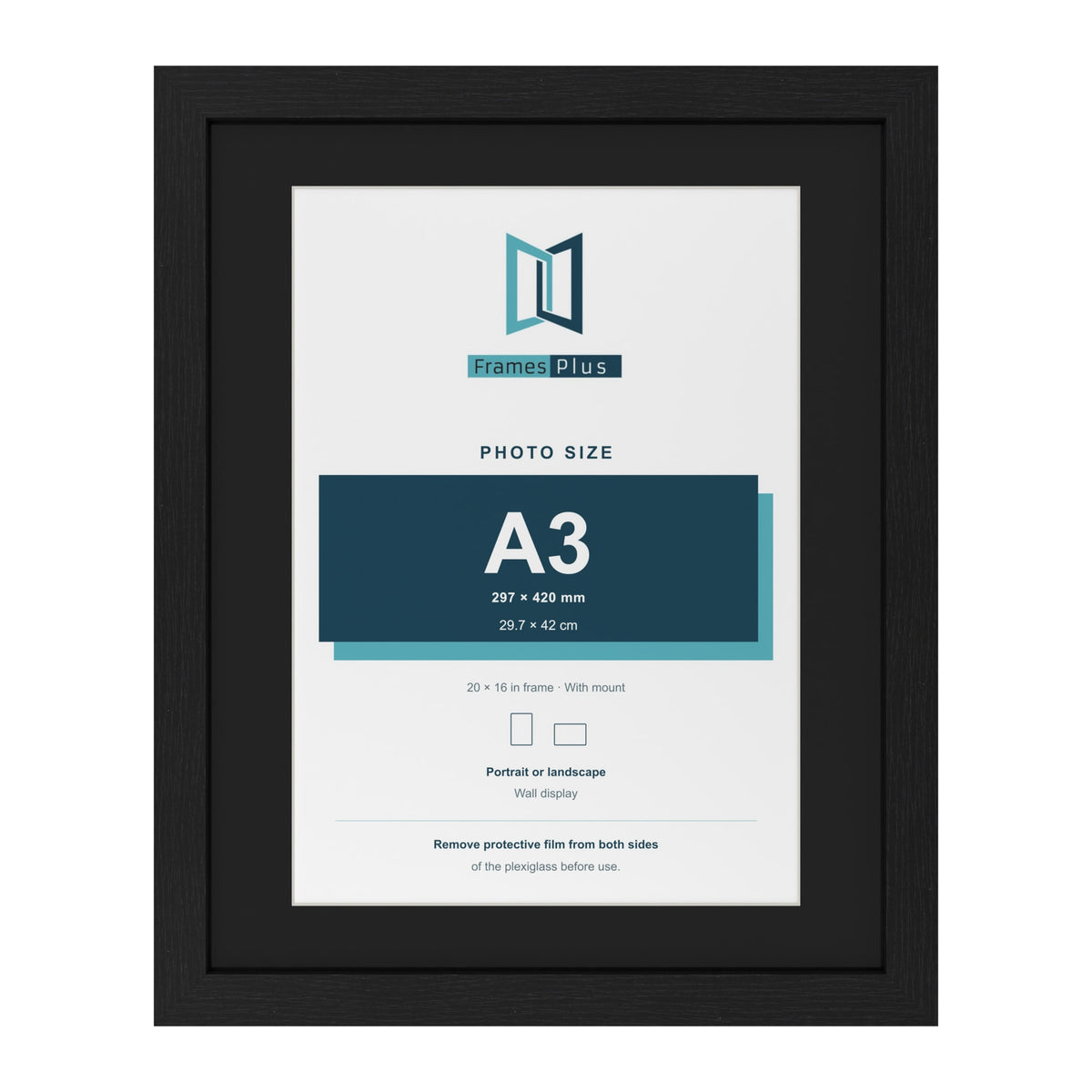 Black 20 x 16 inch picture frame with a black mount for an A3 photo