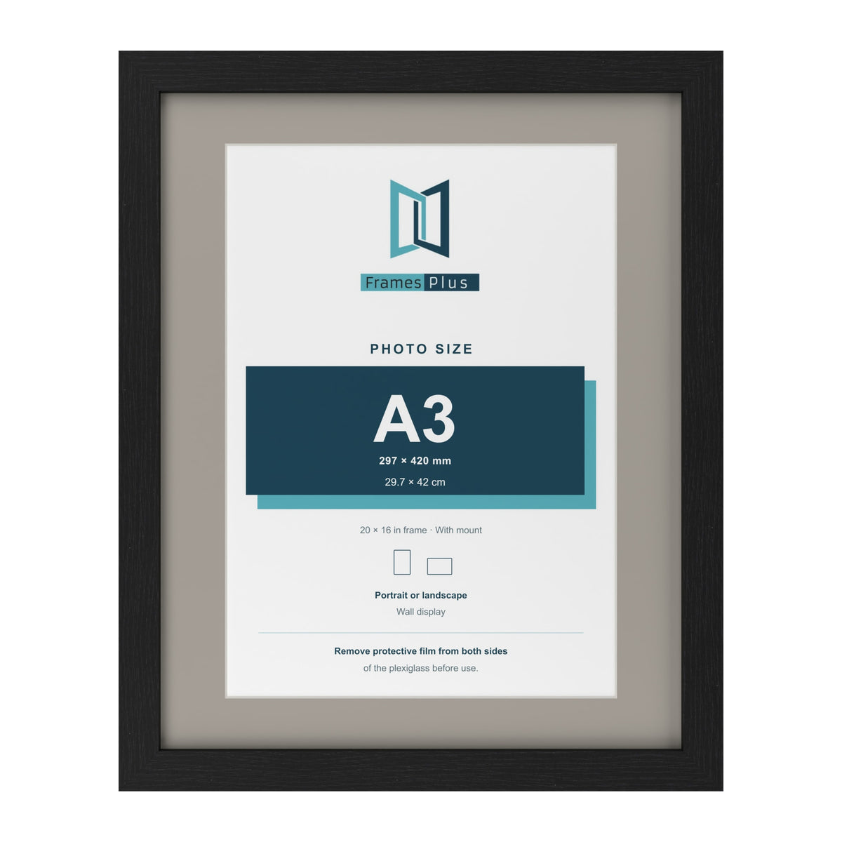 Black 20 x 16 inch picture frame with a Dawn Grey mount for an A3 photo