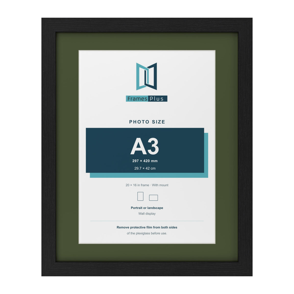 Black 20 x 16 inch picture frame with a green mount for an A3 photo