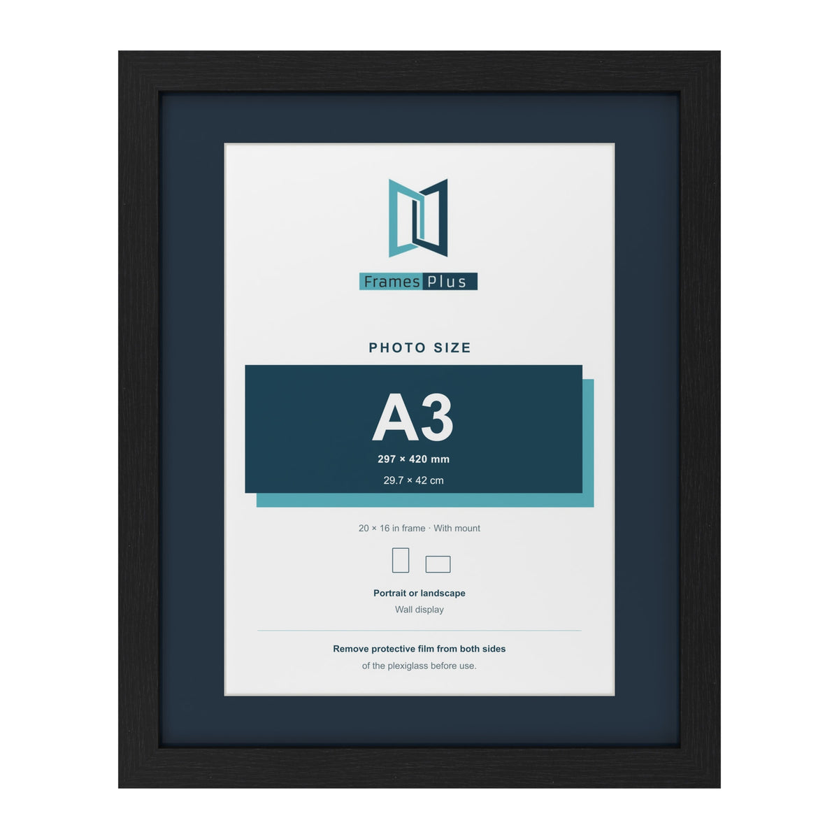 Black 20 x 16 inch picture frame with a Pacific Blue mount for an A3 photo