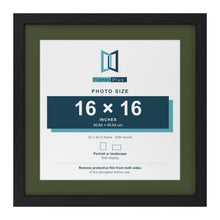 Black 20 x 20 inch picture frame with a green mount for a 16 x 16 inch photo