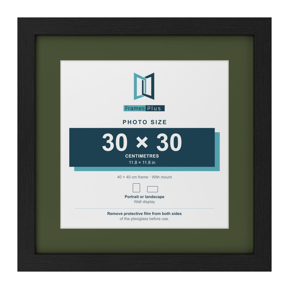 Black 40 x 40 cm picture frame with a green mount for a 30 x 30 cm photo