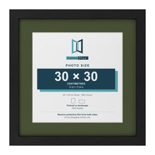 Black 40 x 40 cm picture frame with a green mount for a 30 x 30 cm photo