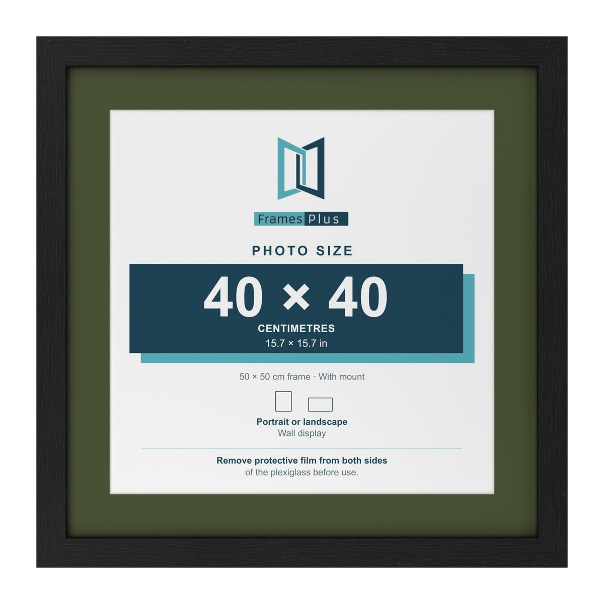Black 50 x 50 cm picture frame with a green mount for a 40 x 40 cm photo