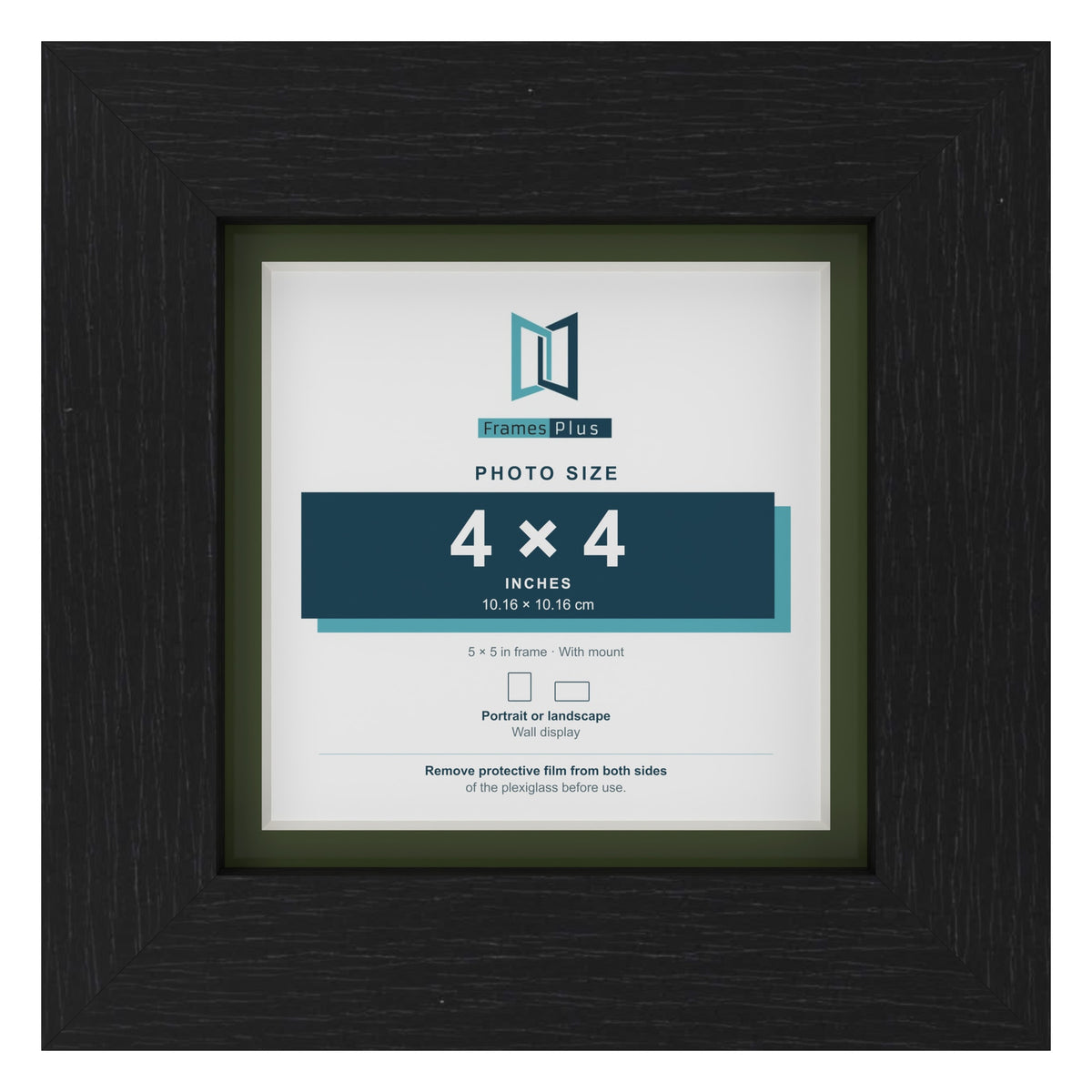 Black 5 x 5 inch picture frame with a green mount for a 4 x 4 inch photo